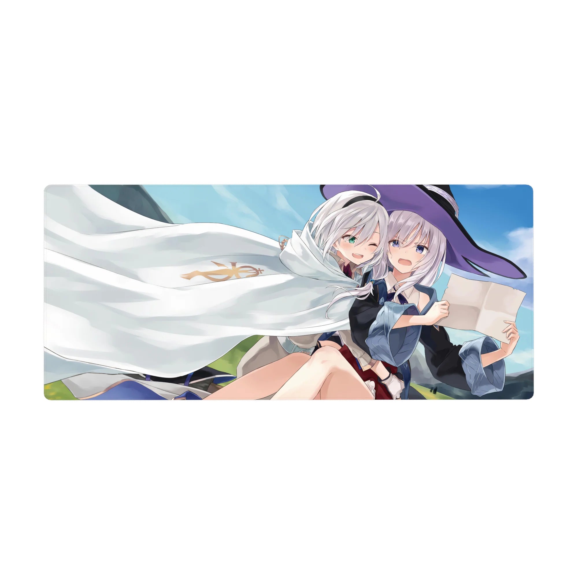 Anime girl desk pad 36x16 inches with two silver-haired witches under a white cloak, crisp anime art.