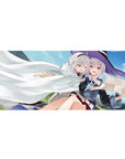 Anime girl desk pad 36x16 inches with two silver-haired witches under a white cloak, crisp anime art.