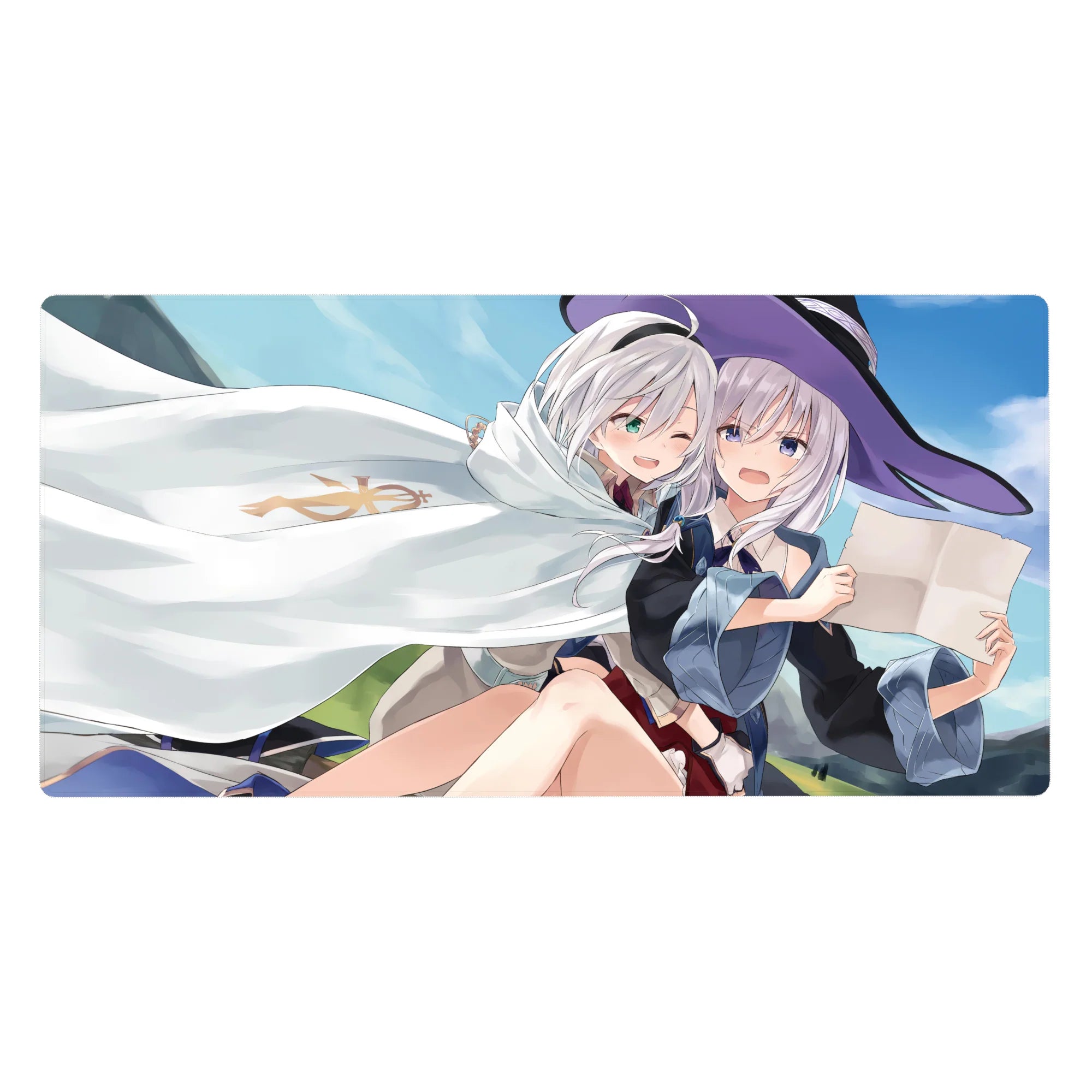 Anime girl desk pad 40x20 inches with two silver-haired girls, witch hat, white cloak, clean crisp lines.