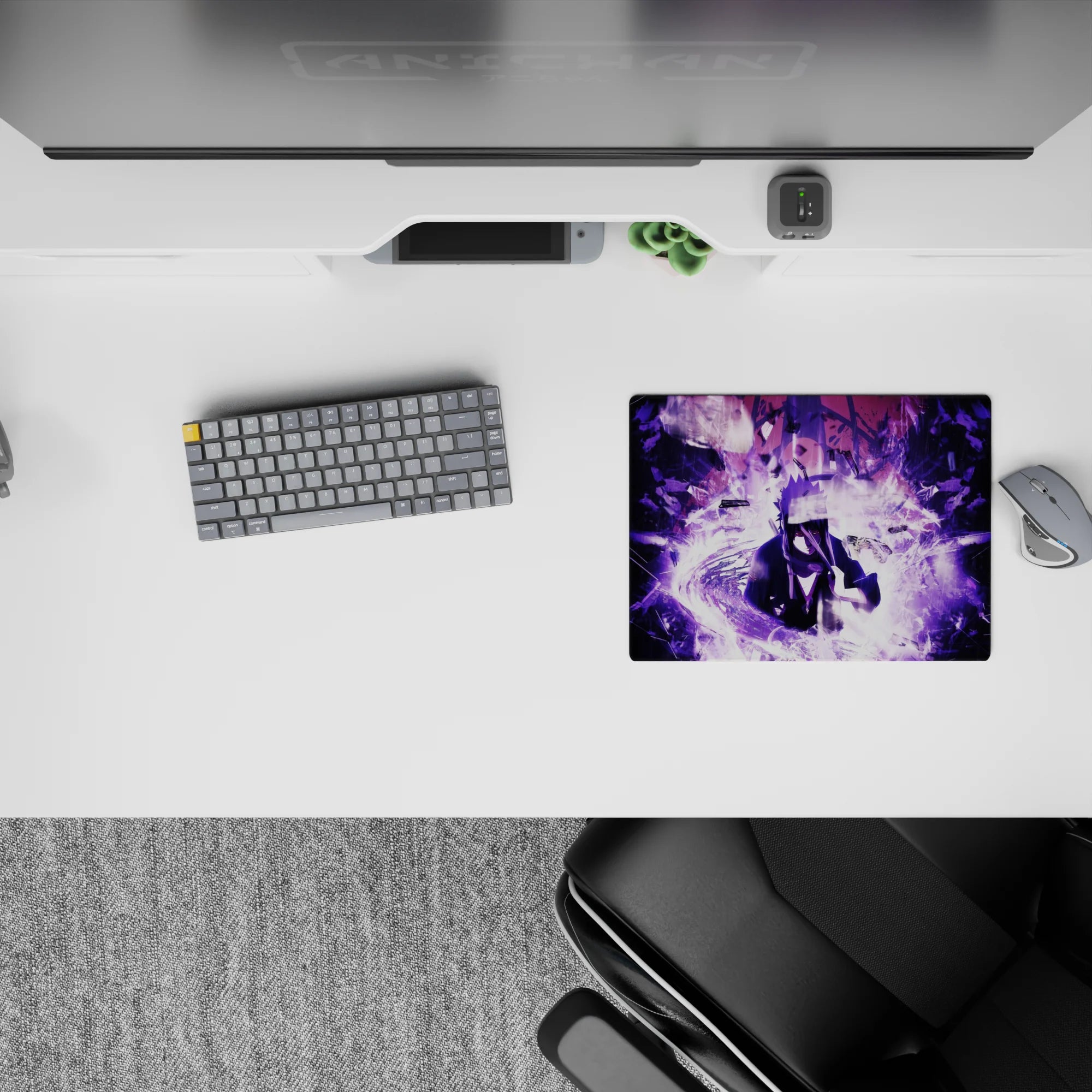 Dark violet and smoky white anime mouse pad 14x10 inches with glitchy fragments and ominous vibe.