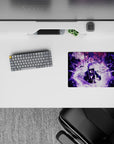 Dark violet and smoky white anime mouse pad 14x10 inches with glitchy fragments and ominous vibe.