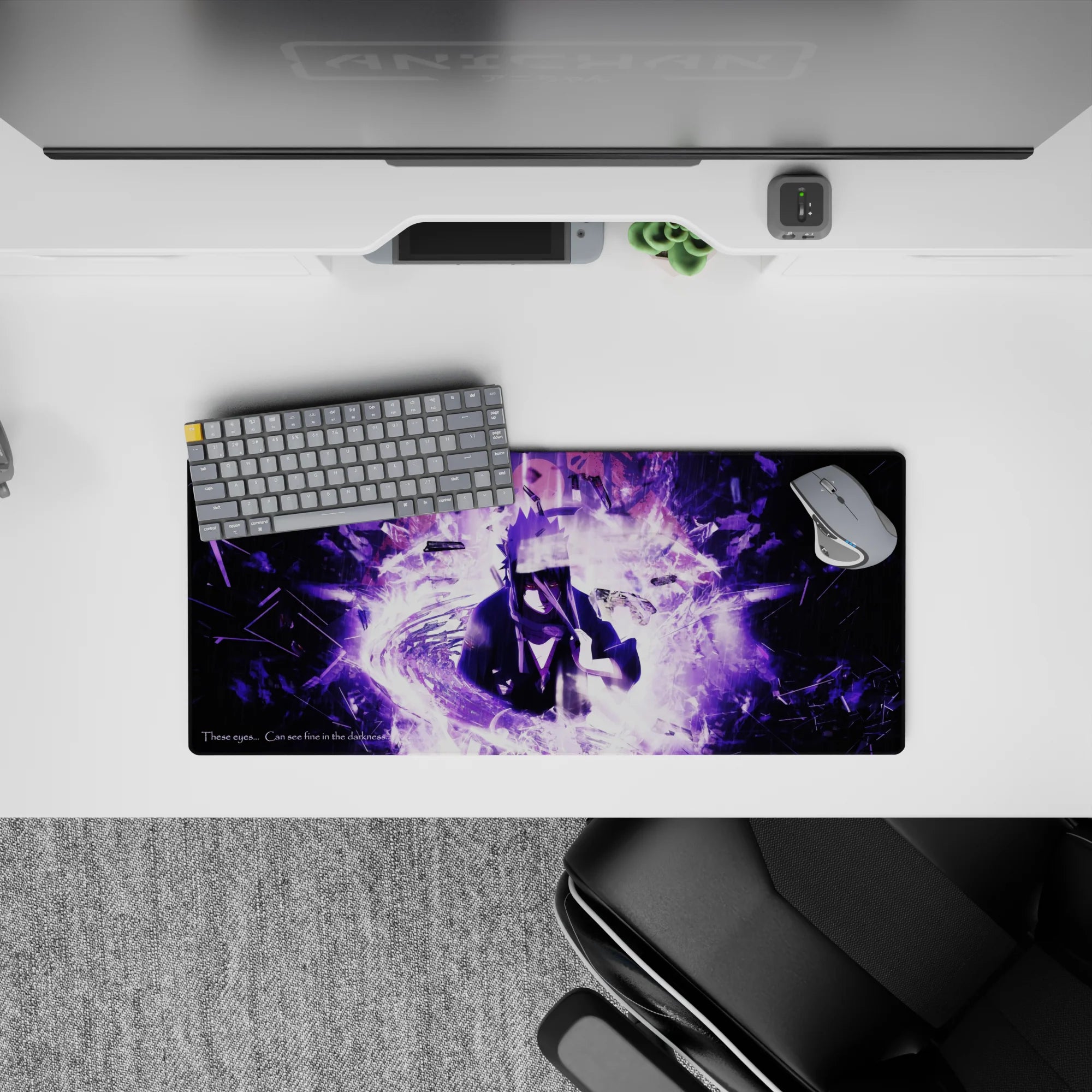 28x12 inches anime desk mat in dark violet and smoky white, glitchy fragments and haunting storm mood.