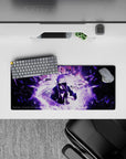 28x12 inches anime desk mat in dark violet and smoky white, glitchy fragments and haunting storm mood.