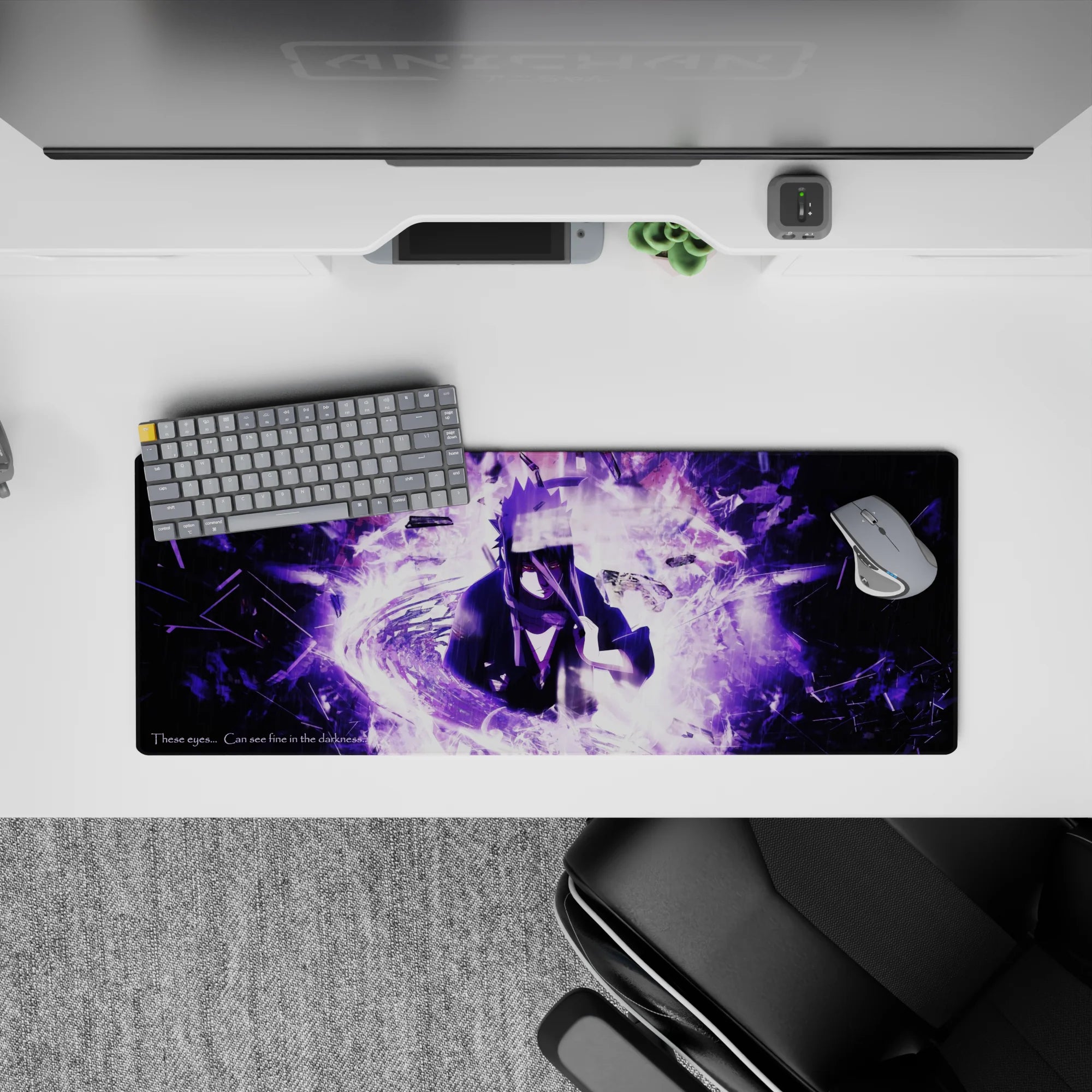 32x12 inches anime mouse pad in dark violet and smoky white, glitchy fragments, moody storm aesthetic.