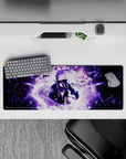 32x12 inches anime mouse pad in dark violet and smoky white, glitchy fragments, moody storm aesthetic.