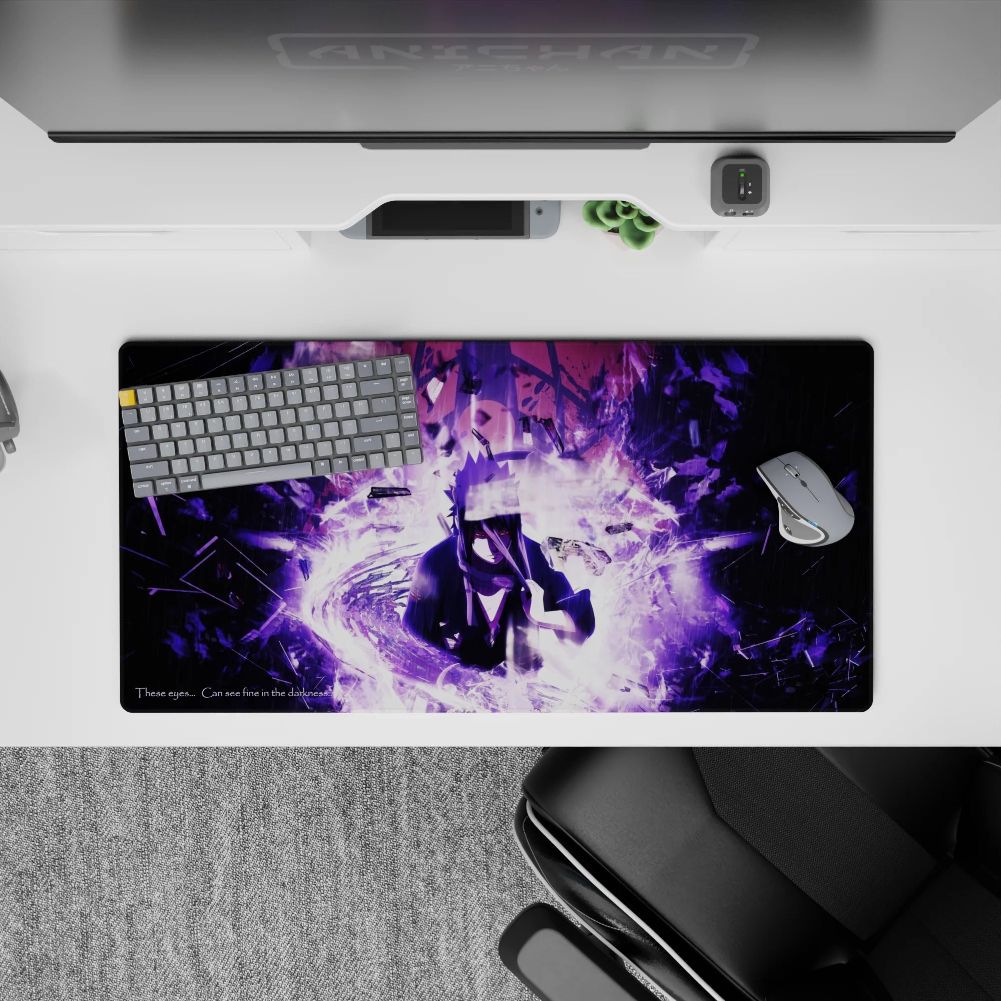 32x16 inches anime mouse pad in dark violet and smoky white, glitchy fragments, moody cinematic vibe.
