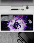 32x16 inches anime mouse pad in dark violet and smoky white, glitchy fragments, moody cinematic vibe.