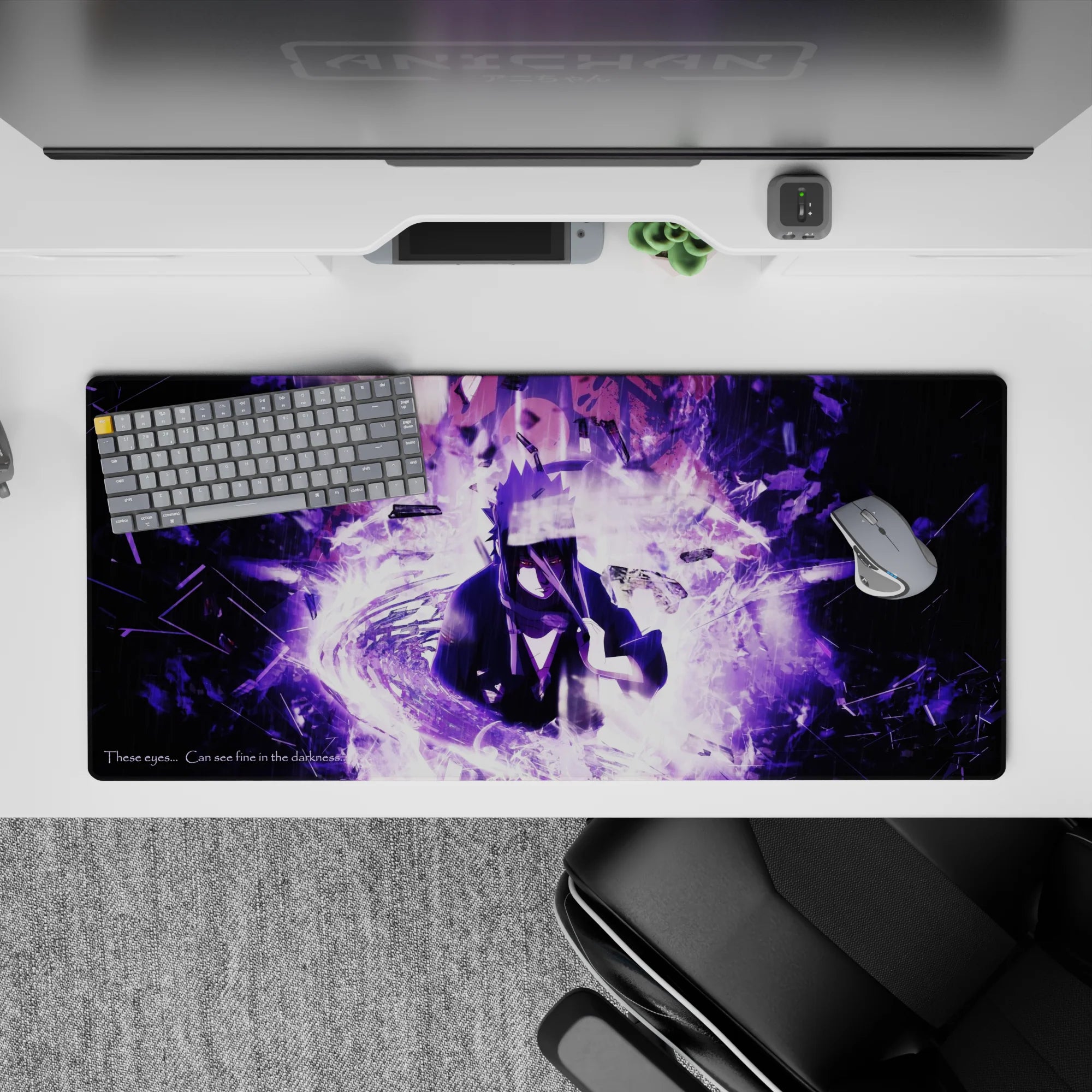 Dark violet anime desk pad 36x16 inches in smoky white haze, glitch fragments, moody storm energy.