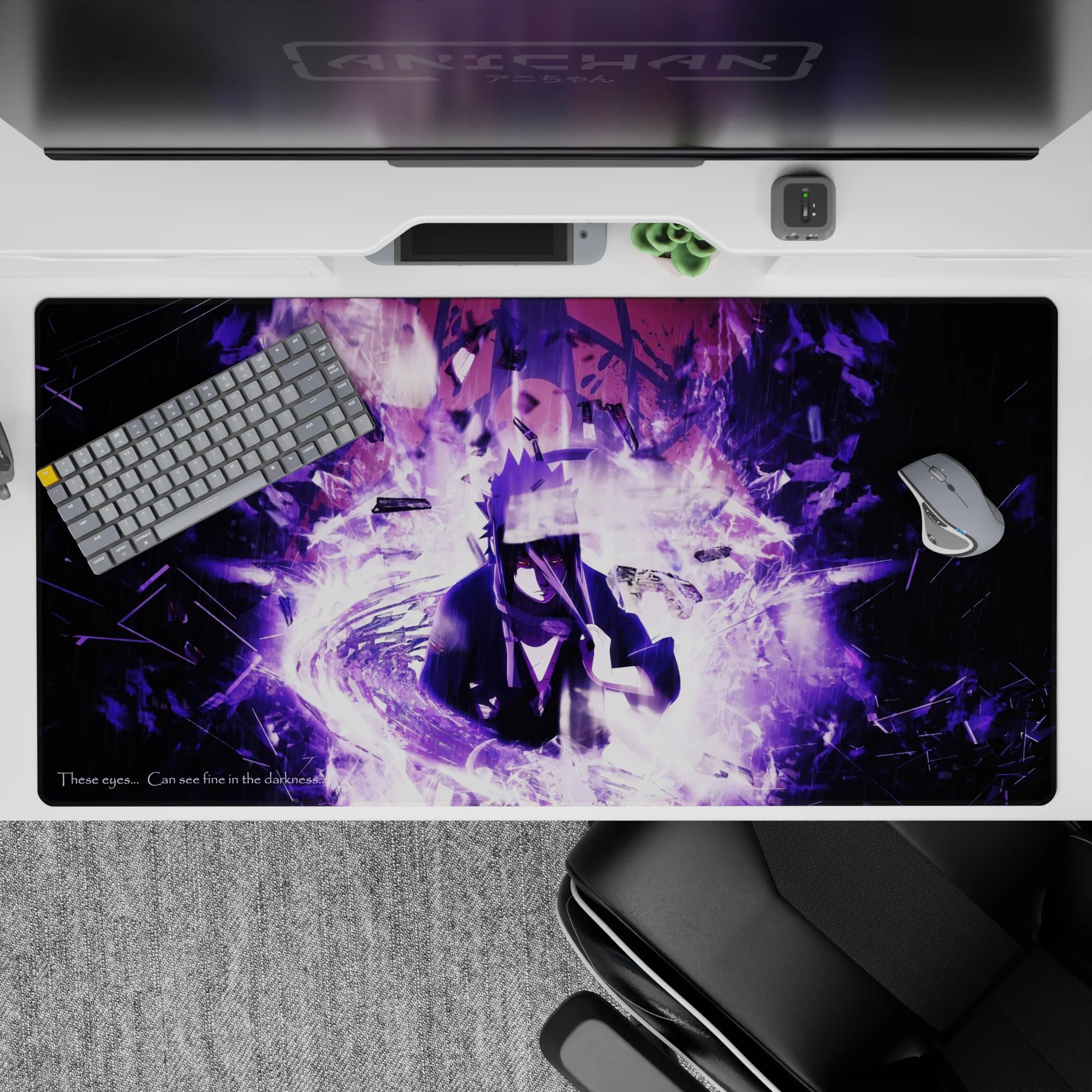 Dark violet 40x20 inches anime desk pad, smoky whites and purple lightning for a moody cinematic vibe.