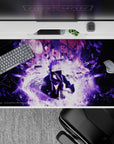 Dark violet 40x20 inches anime desk pad, smoky whites and purple lightning for a moody cinematic vibe.
