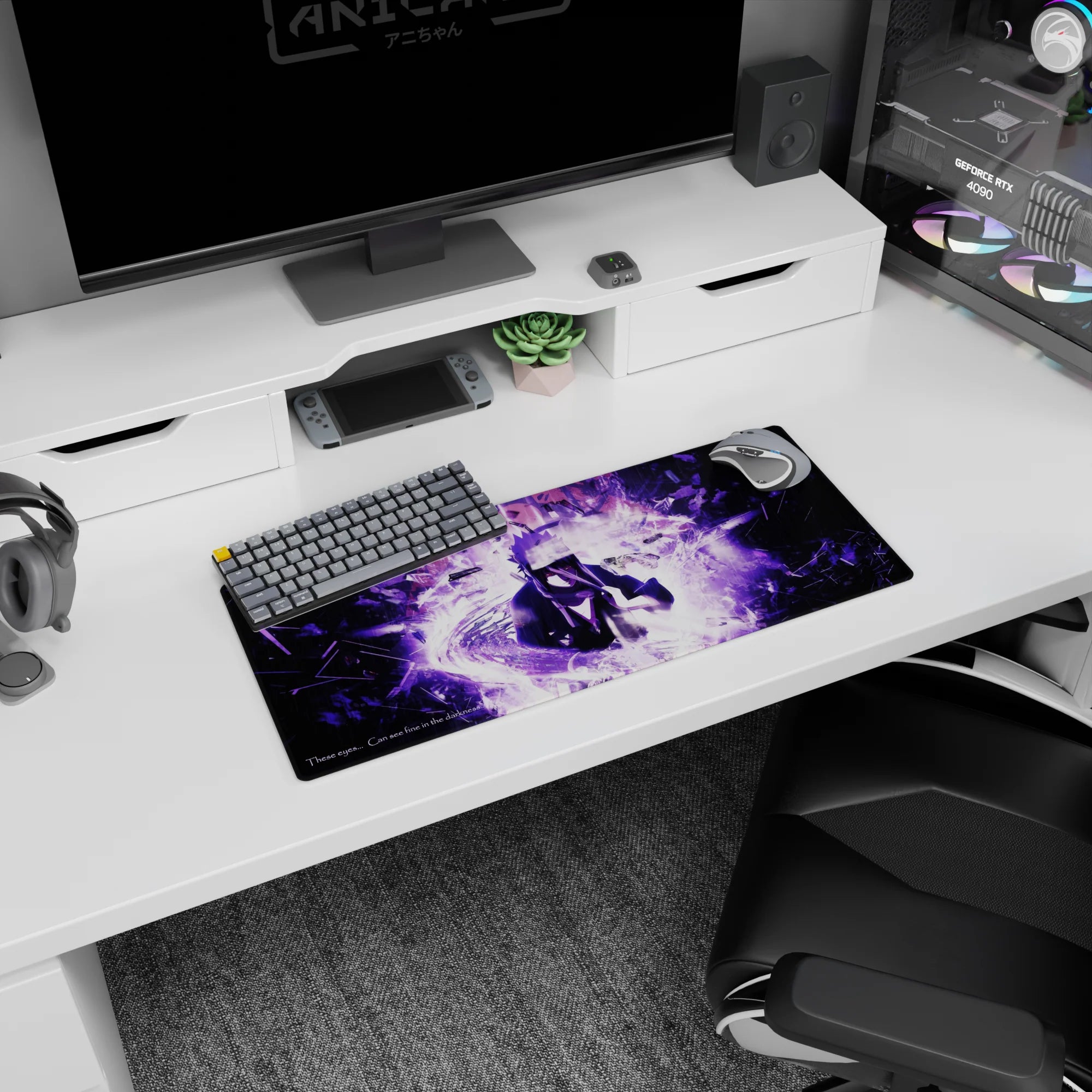 28x12 inches anime mouse pad featuring Sasuke Uchiha with sharp eyes, crackling purple lightning in the rain.