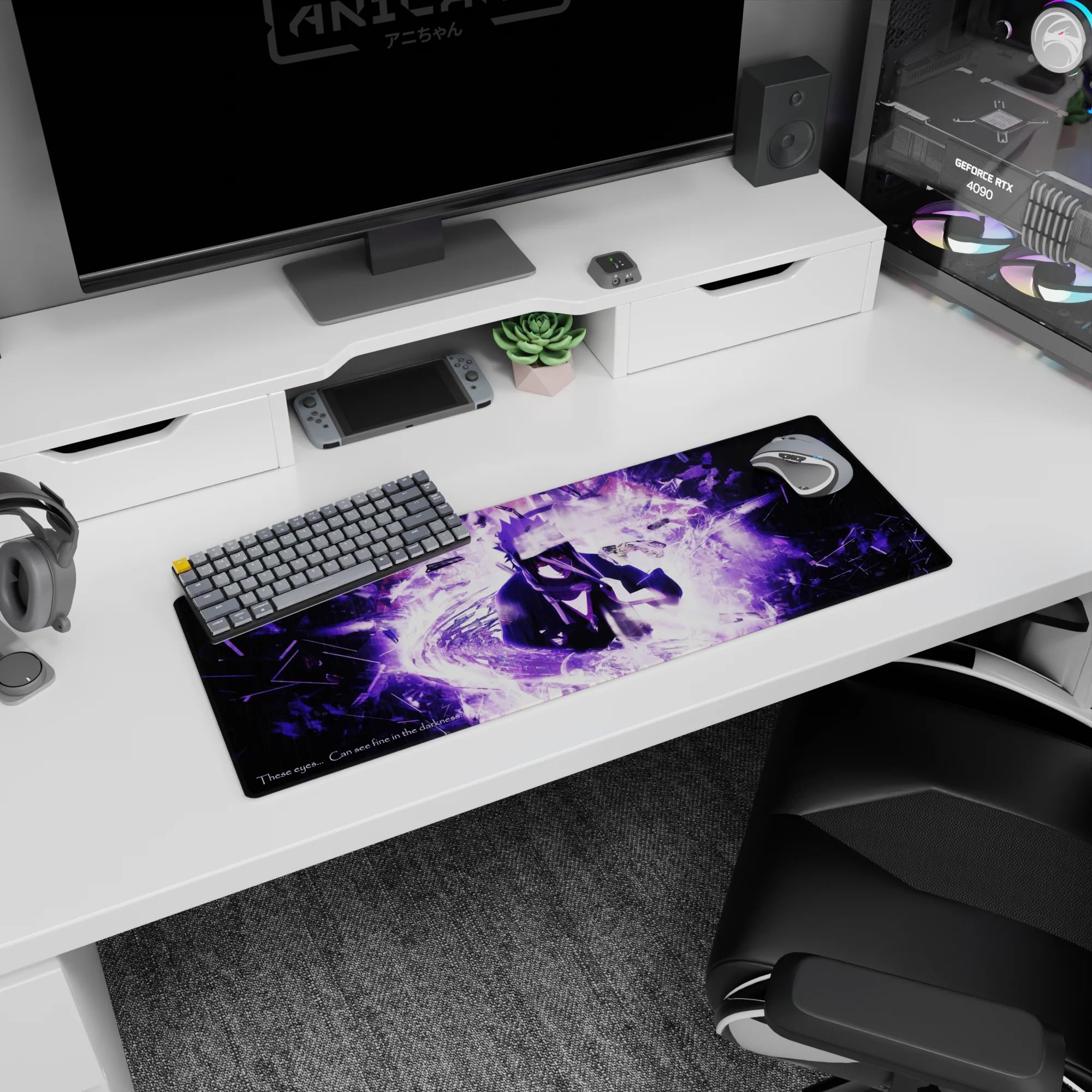 32x12 inches Sasuke Uchiha anime mouse pad, sharp eyes, purple lightning aura, rain and broken glass.