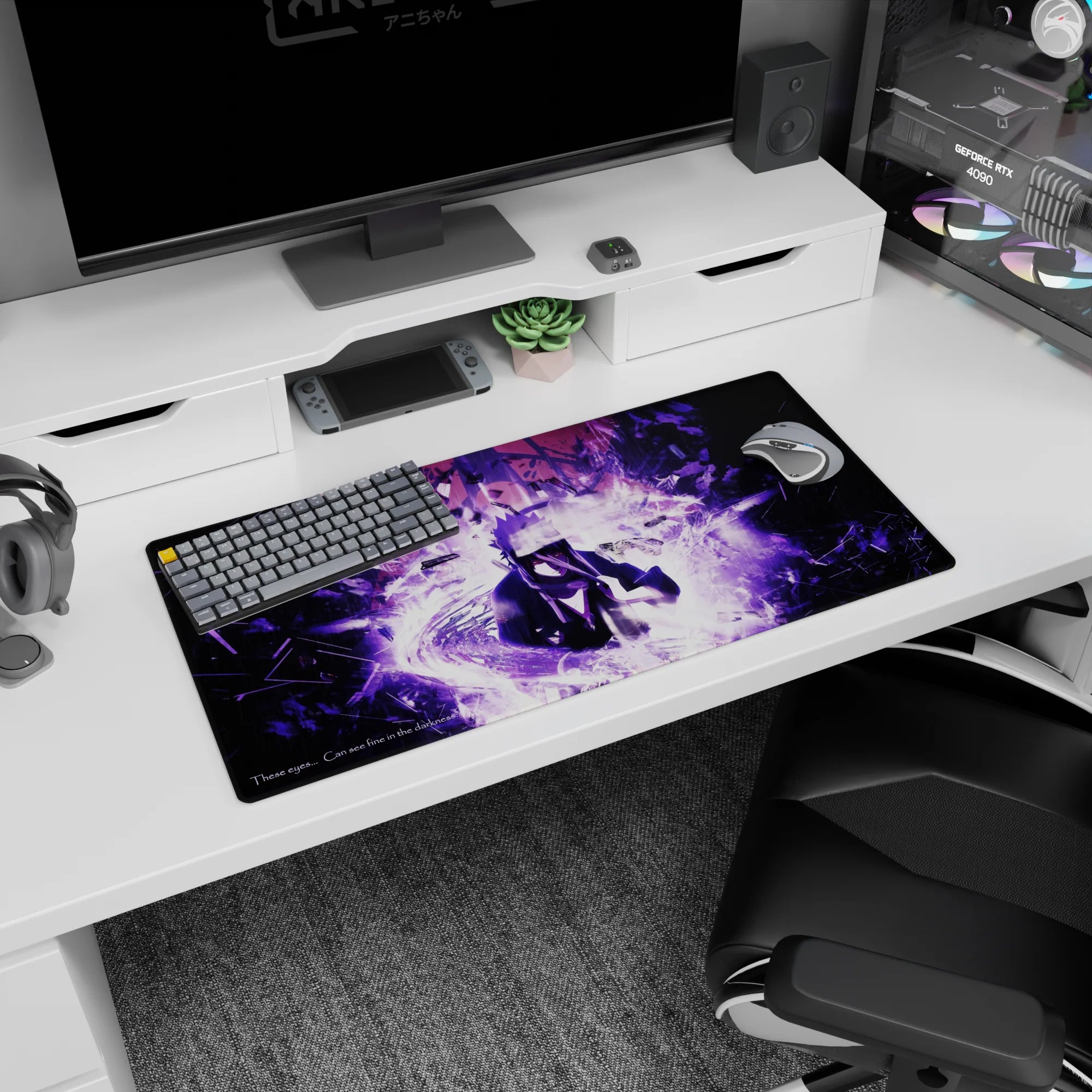 32x16 inches Sasuke Uchiha anime mouse pad with sharp eyes, purple lightning aura, rain and shards.