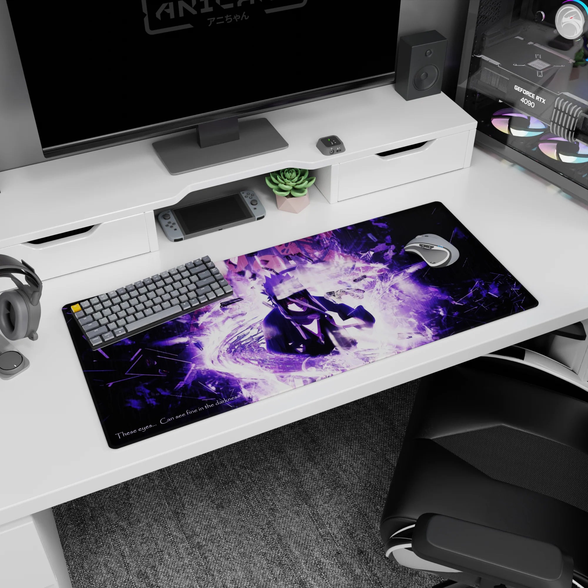 Sasuke Uchiha anime desk pad 36x16 inches with purple lightning aura, sharp eyes, rain and shards.