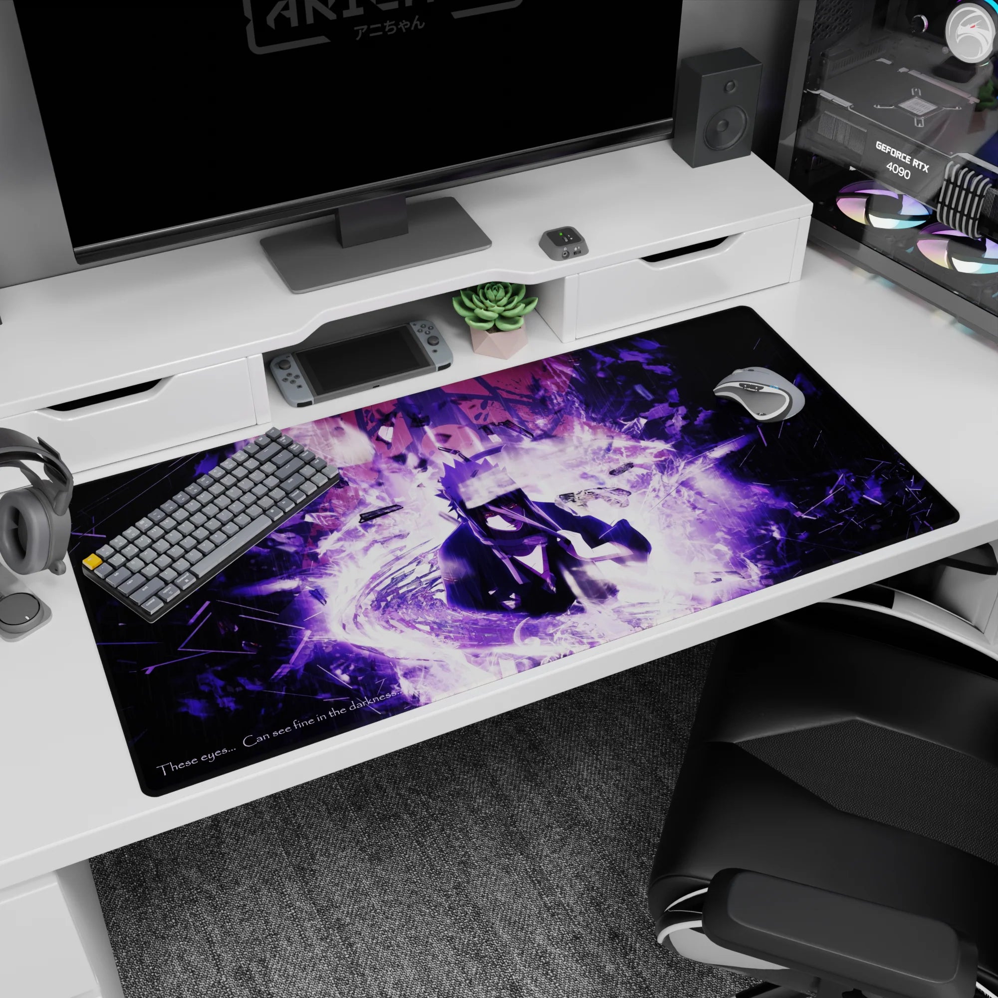 Sasuke Uchiha 40x20 inches desk pad with sharp eyes, purple lightning aura, shattered shards, and rain.