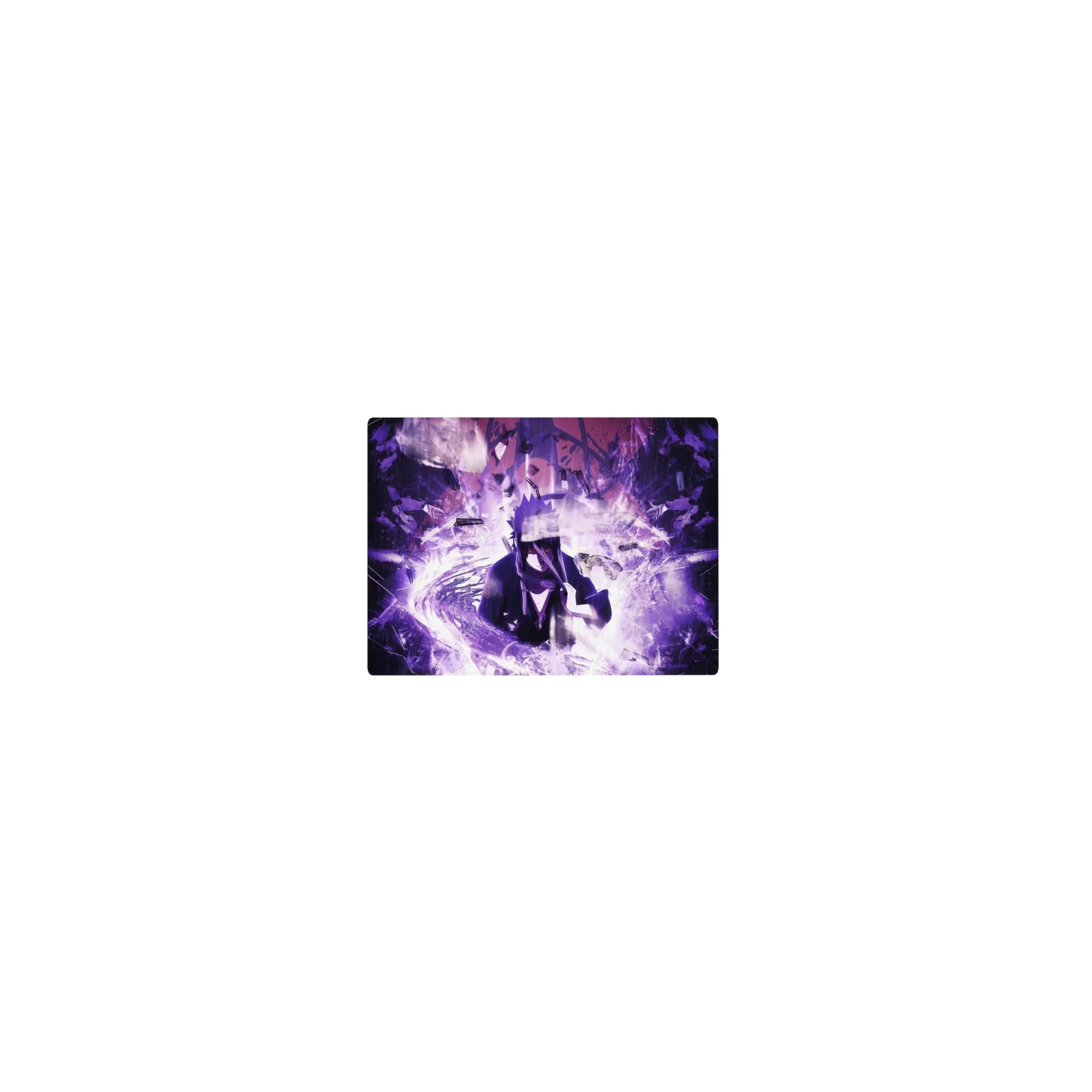Classic anime mouse pad 14x10 inches with stormy Sasuke artwork, purple lightning and rain shards.