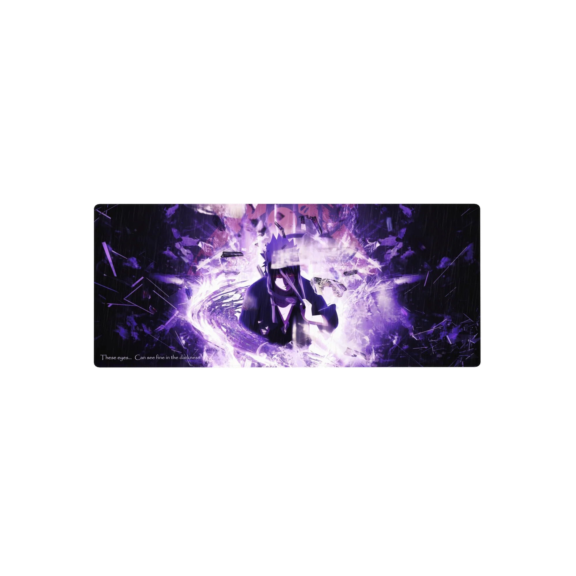 28x12 inches anime mouse pad with Sasuke-inspired storm design, purple lightning, rain streaks, and shards.
