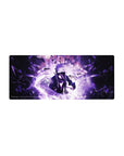 28x12 inches anime mouse pad with Sasuke-inspired storm design, purple lightning, rain streaks, and shards.