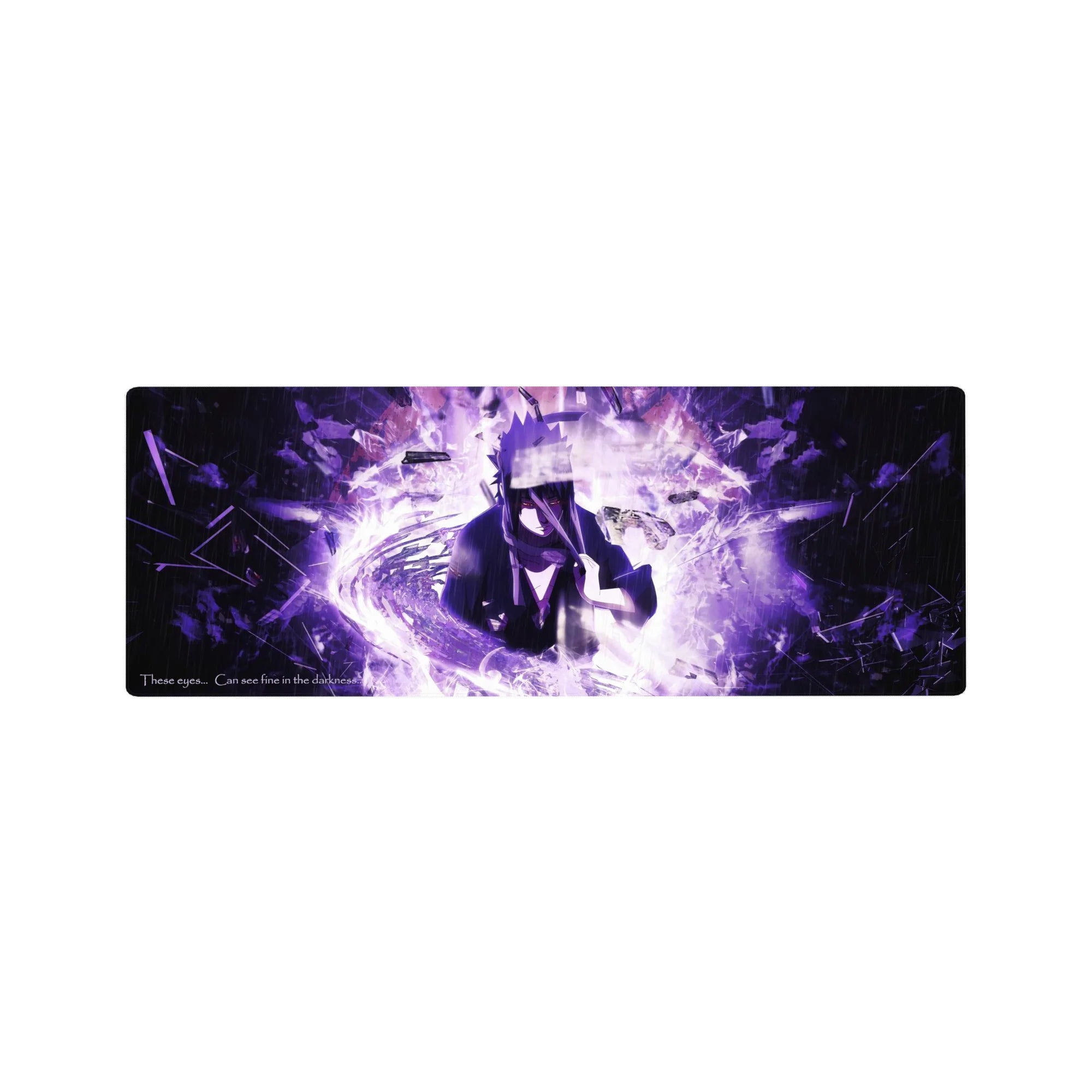 32x12 inches anime mouse pad with purple lightning, shattered shards, rain streaks, cinematic desk mat.