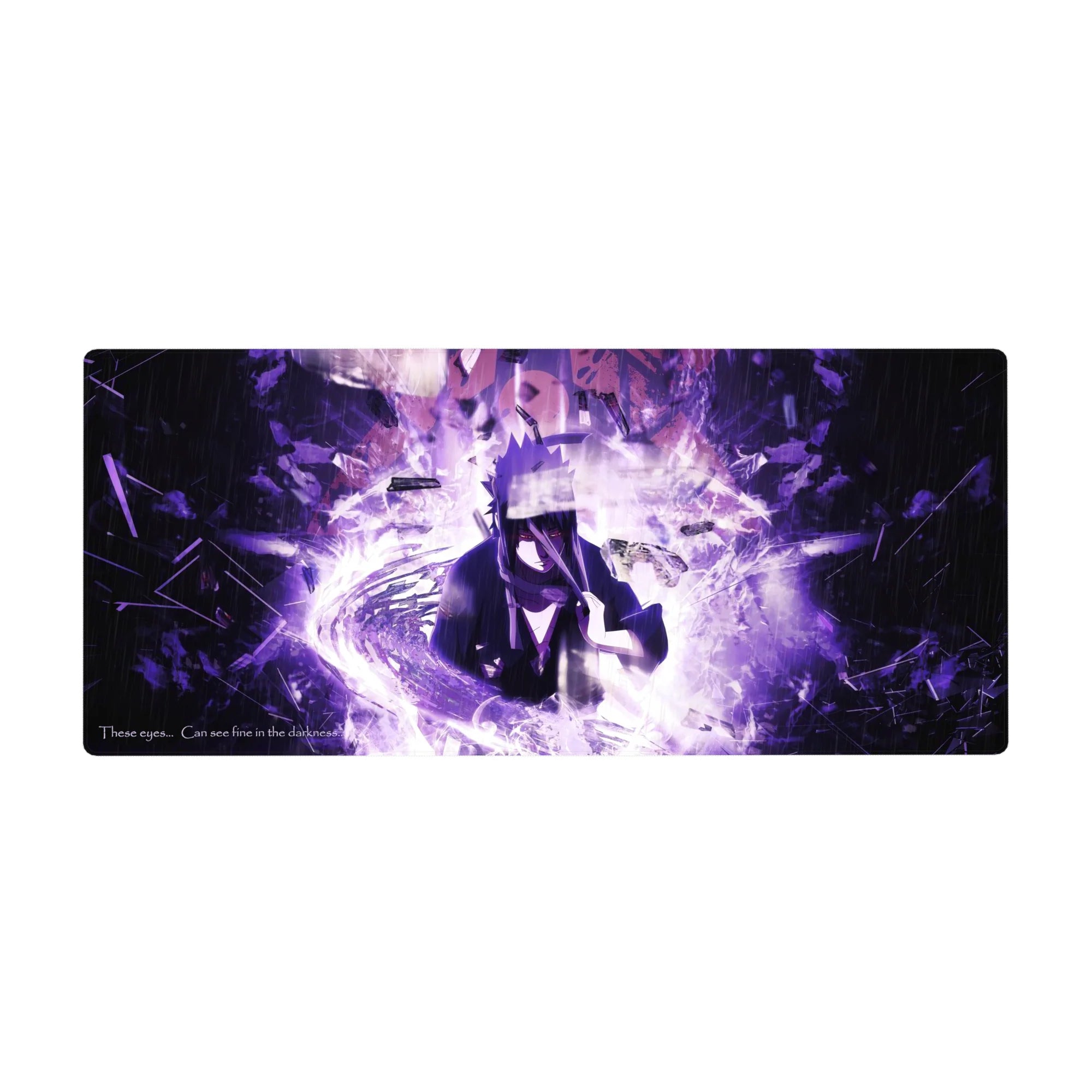 Anime desk pad 36x16 inches with lightning-charged warrior art, shattered shards, rain streaks, smooth glide.