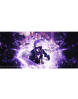 Anime desk pad 36x16 inches with lightning-charged warrior art, shattered shards, rain streaks, smooth glide.