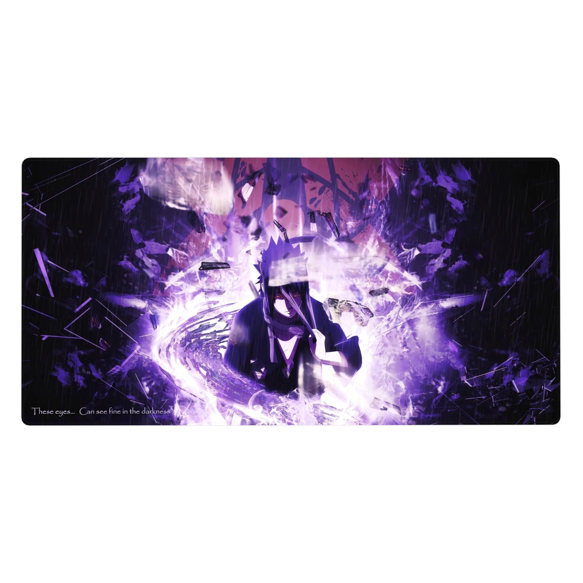 Anime desk pad 40x20 inches with lightning anime warrior, rain streaks, shards, and glitch fragments.