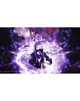 Anime desk pad 40x20 inches with lightning anime warrior, rain streaks, shards, and glitch fragments.