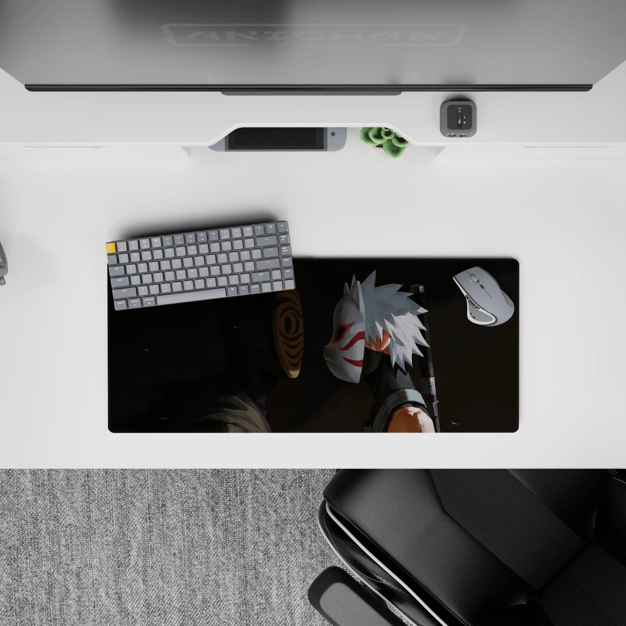 28x12 inches anime mouse pad with deep charcoal shadows, orange spiral mask pop, crisp white-red mask.