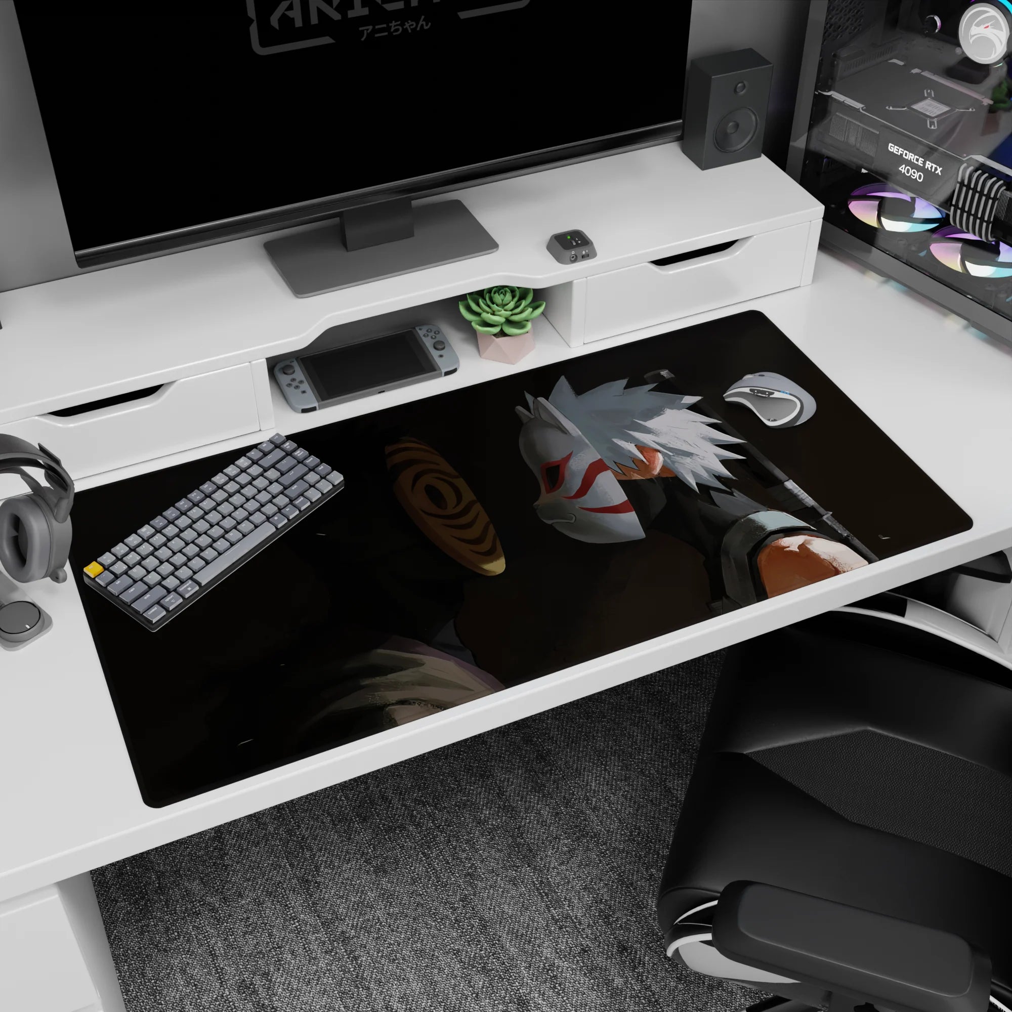Obito Uchiha vs Kakashi Hatake ANBU fox mask scene desk pad 40x20 inches for gamers.