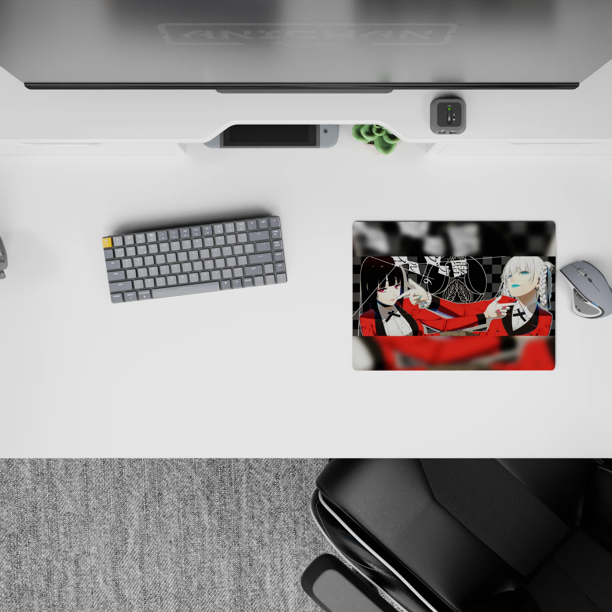 Red blazer anime girl mouse pad 14x10 inches with glossy teal lips, candy nails, and casino-club vibe.