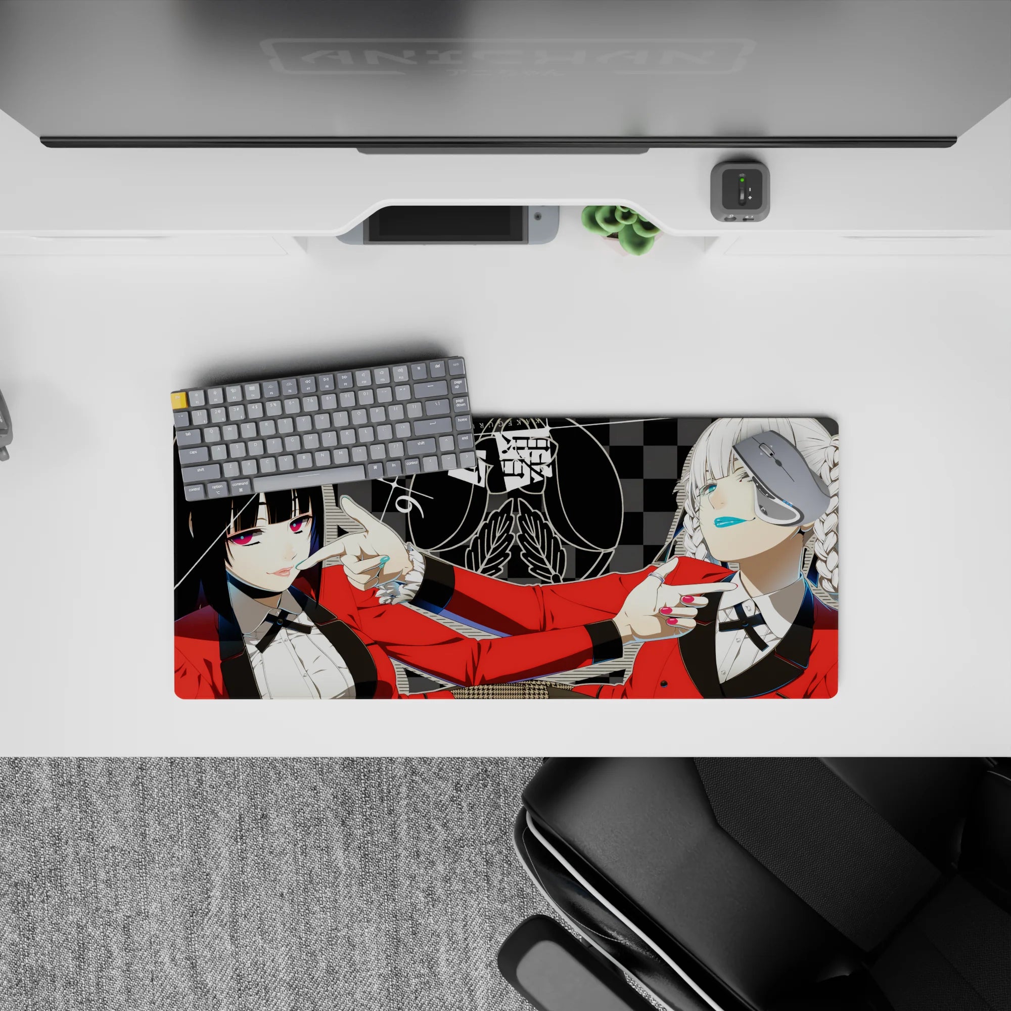Anime girl mouse pad 28x12 inches in bold casino-club vibe, teal glossy lips, candy nails, crisp shadows.