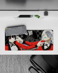 Anime girl mouse pad 28x12 inches in bold casino-club vibe, teal glossy lips, candy nails, crisp shadows.