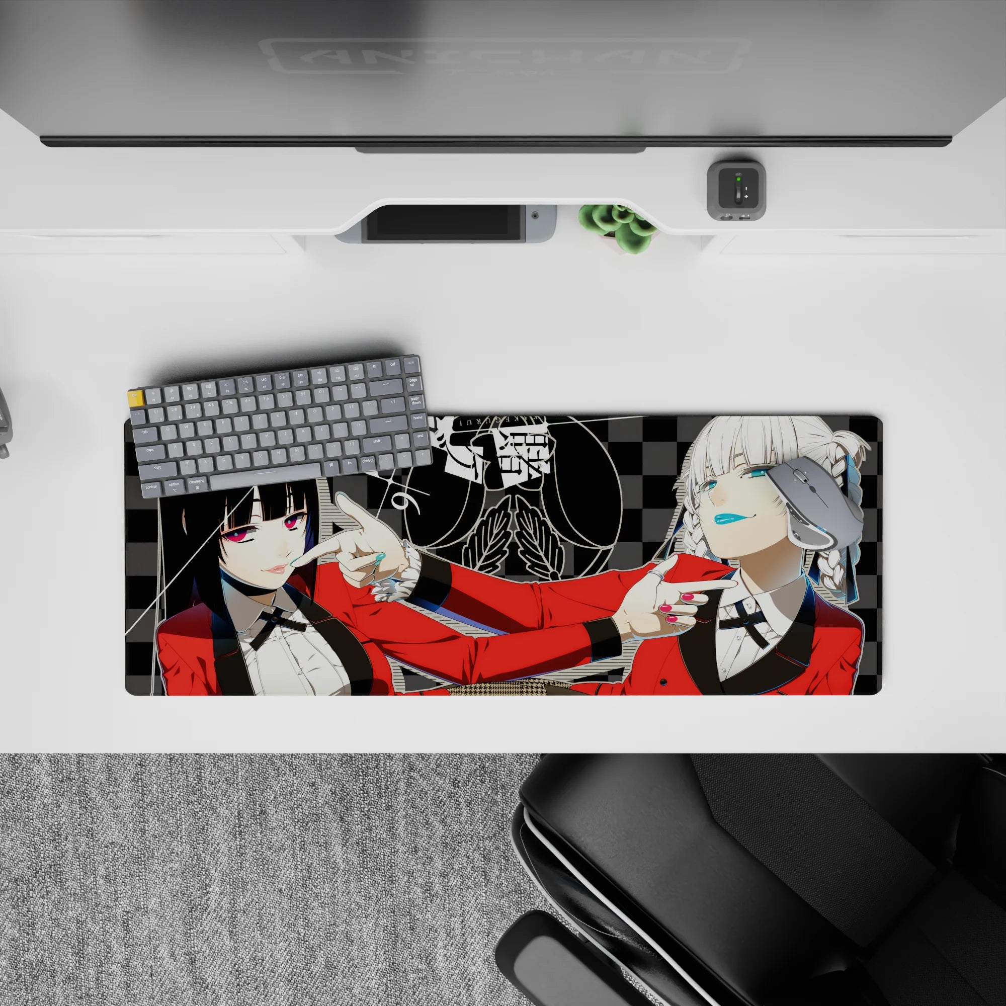 Anime girl mouse pad 32x12 inches in bold casino-club vibe, glossy teal lips, candy nails, crisp black-white contrast.