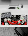 Anime girl mouse pad 32x12 inches in bold casino-club vibe, glossy teal lips, candy nails, crisp black-white contrast.