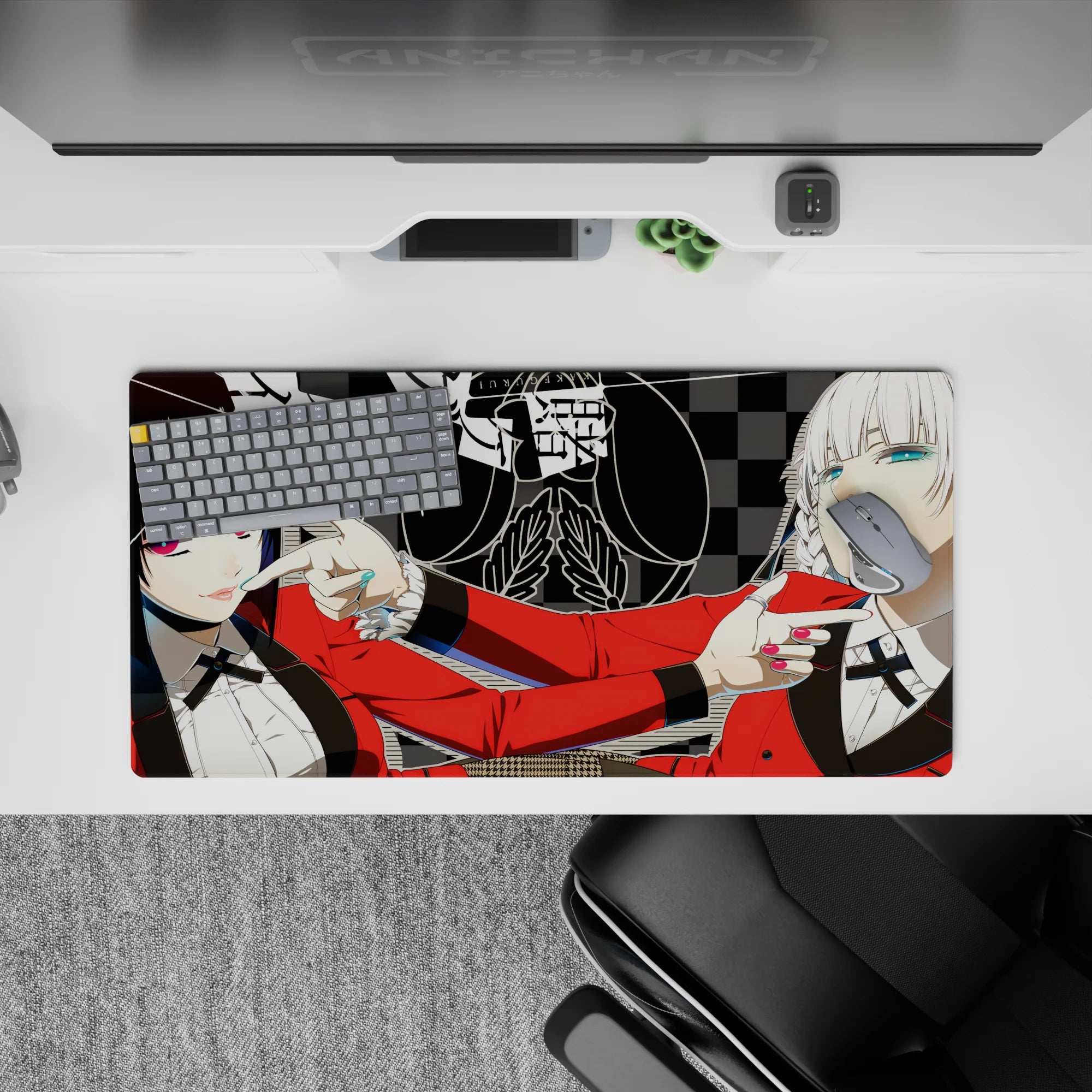 32x16 inches anime girl mouse pad, bold casino-club vibe with teal lips, candy nails, crisp black-white art.