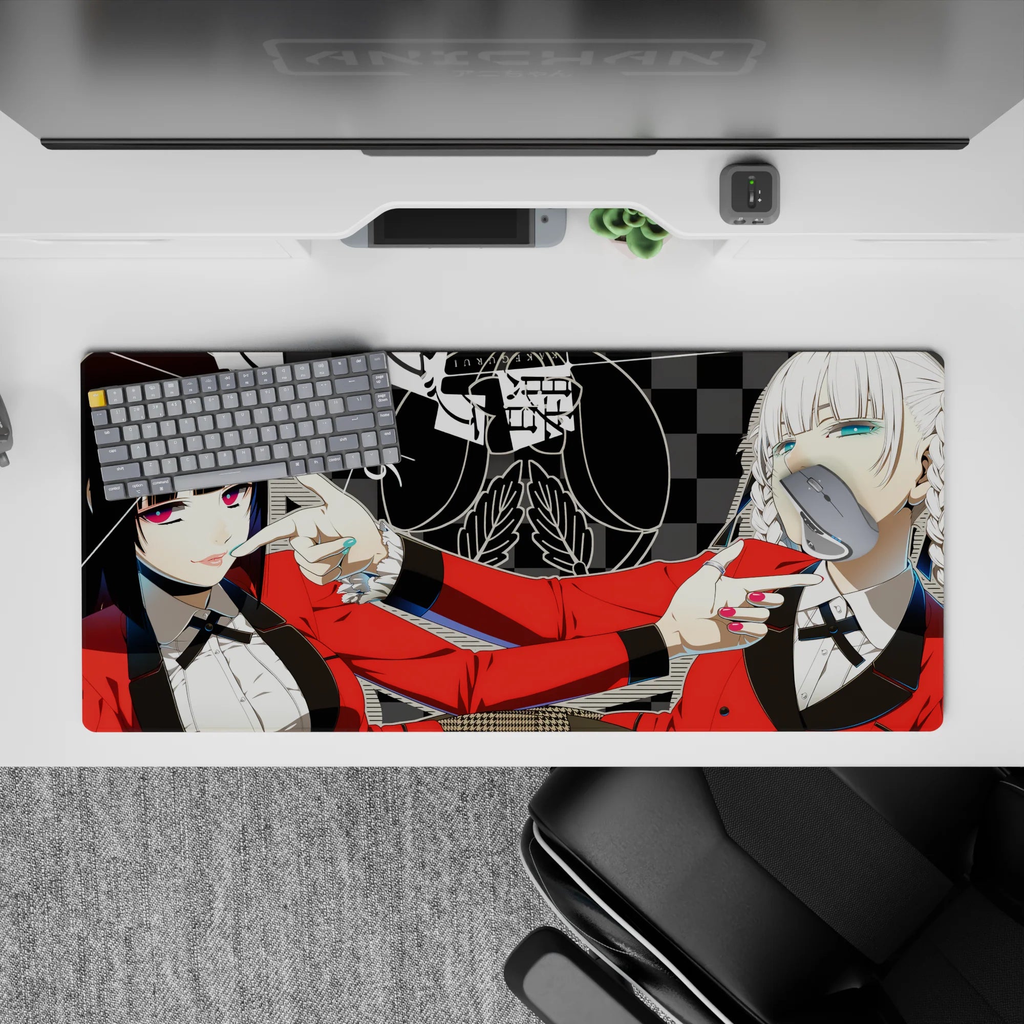 Bold anime girl desk pad 36x16 inches in red, teal, black and gray, with glossy lips and bratty casino vibe.