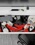 Bold anime girl desk pad 36x16 inches in red, teal, black and gray, with glossy lips and bratty casino vibe.