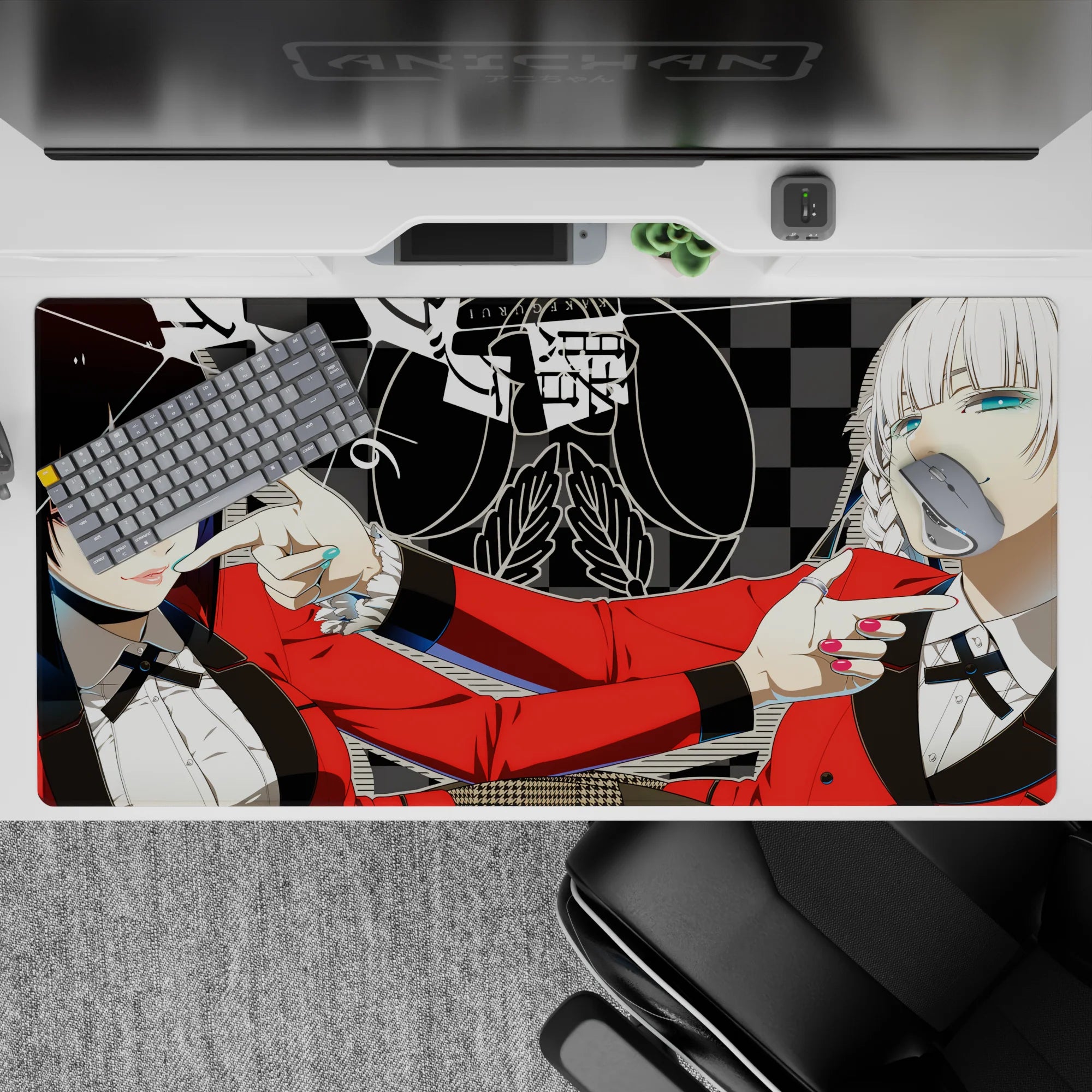 Bold casino-club anime desk pad 40x20 inches in red, black-gray checks, teal lips, crisp shadows.