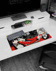 Anime girl mouse pad 28x12 inches showing two sharp-eyed girls leaning in with teasing finger-gun poses.