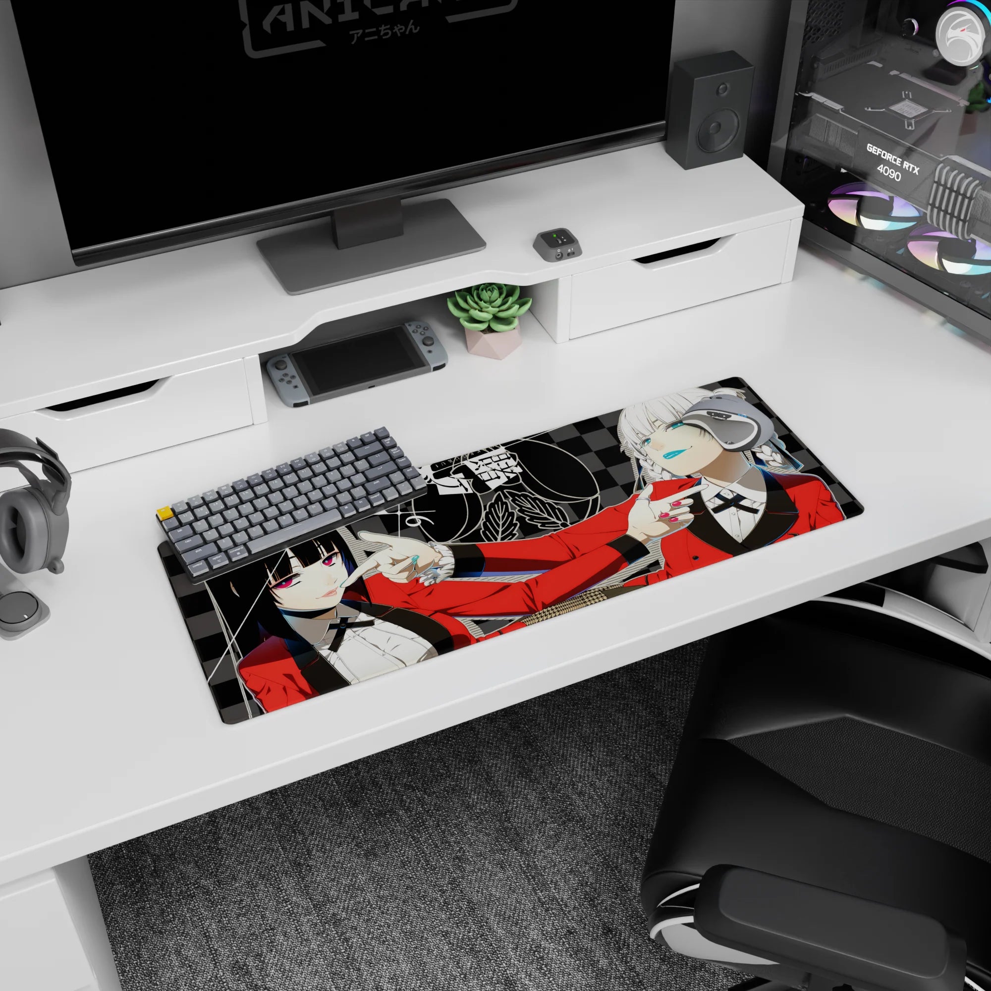 Anime girl mouse pad 32x12 inches showing two sharp-eyed girls leaning in with teasing finger-gun poses.