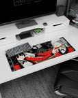 Anime girl mouse pad 32x12 inches showing two sharp-eyed girls leaning in with teasing finger-gun poses.