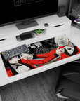 Anime girl desk pad 36x16 inches showing two sharp-eyed girls doing finger-gun poses over a checkerboard.