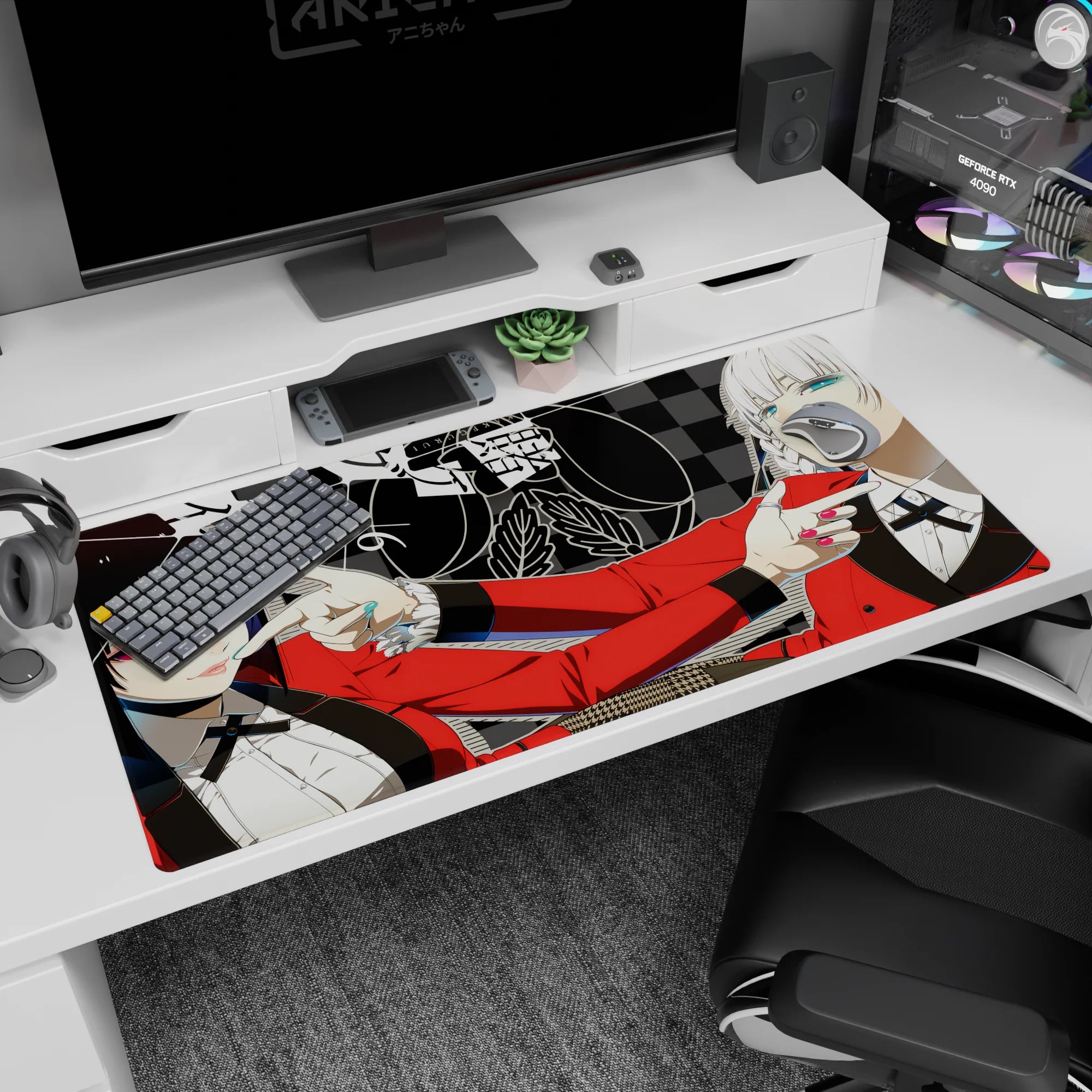 Two sharp-eyed anime girls doing teasing finger-guns on a 40x20 inches desk pad, red blazers and nails.