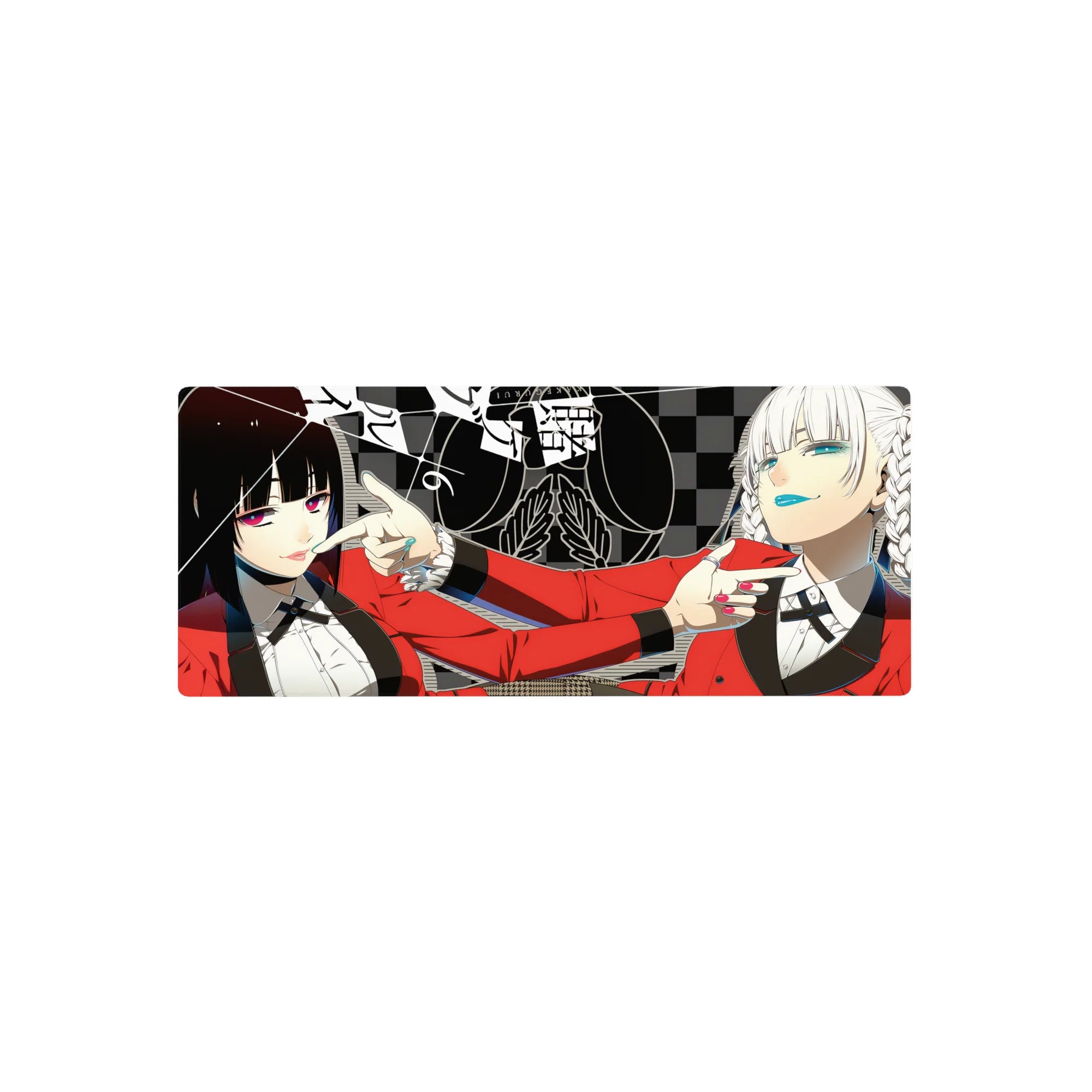 Anime girl mouse pad 28x12 inches with two girls in red blazers on a black-gray checkerboard poster art.