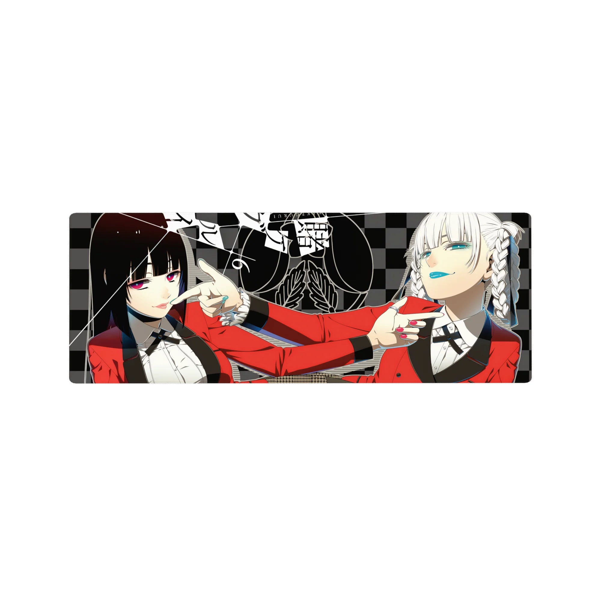 Anime girl mouse pad 32x12 inches with two girls in red blazers, checkerboard backdrop, poster-style line art.