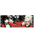 Anime girl mouse pad 32x12 inches with two girls in red blazers, checkerboard backdrop, poster-style line art.