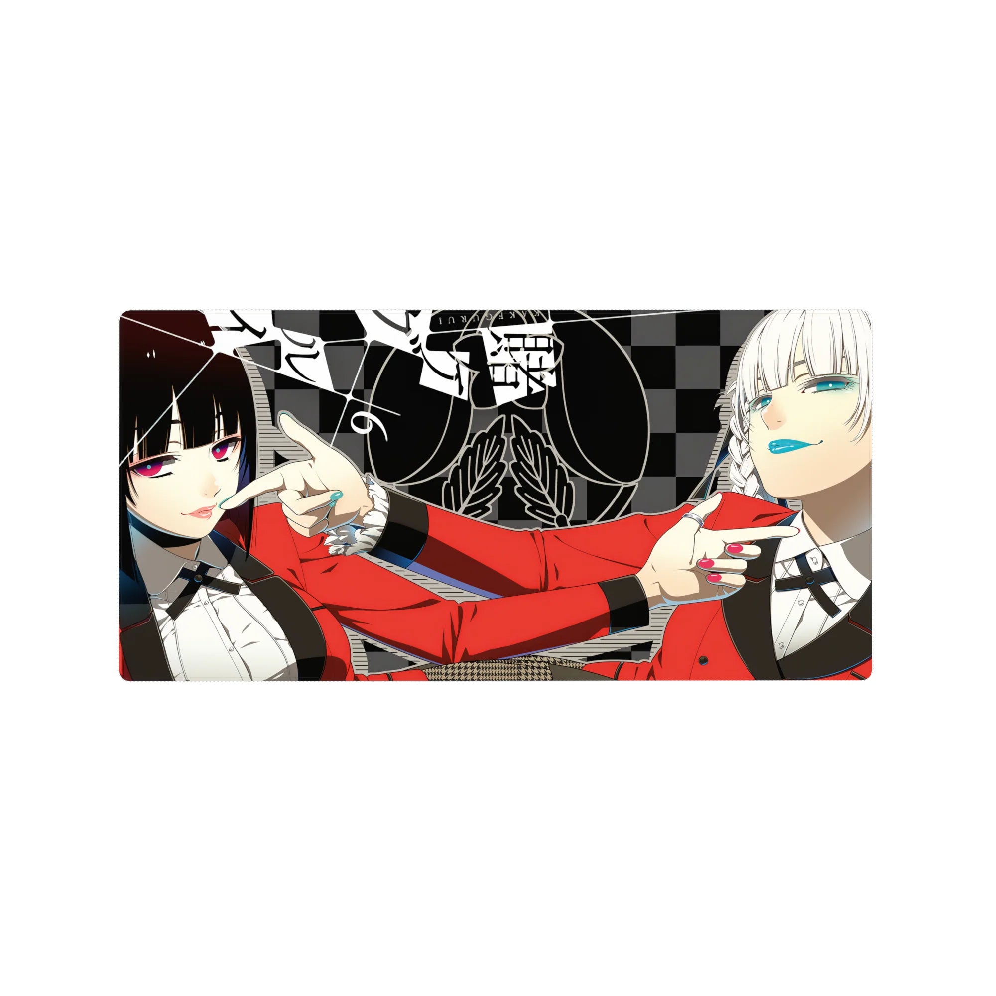 32x16 inches anime girl mouse pad with two girls in red blazers on a checkerboard poster-style design.