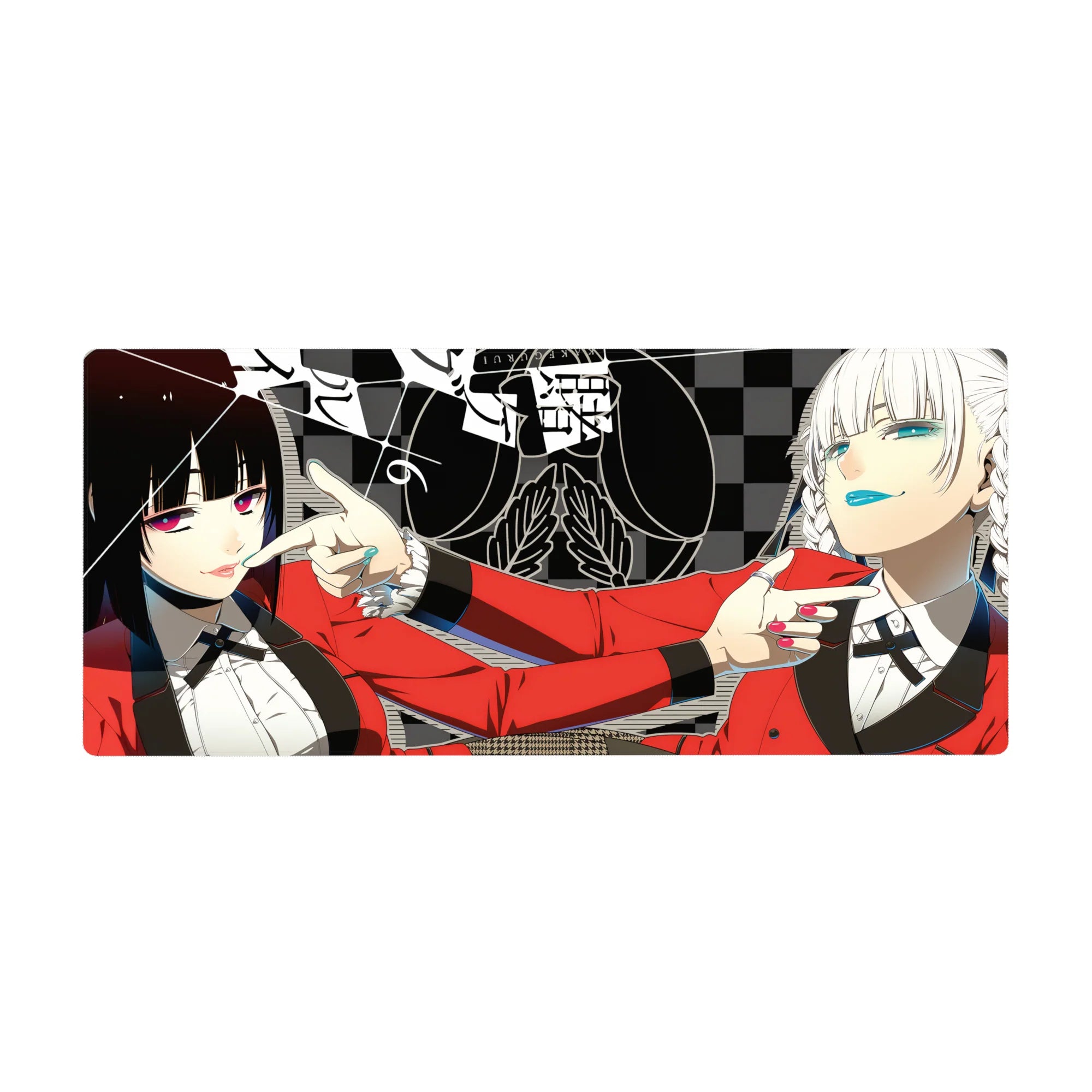 Anime girl desk pad 36x16 inches with two red-blazer girls, checkerboard backdrop, bold graphic line art.