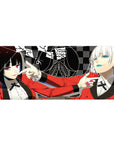 Anime girl desk pad 36x16 inches with two red-blazer girls, checkerboard backdrop, bold graphic line art.