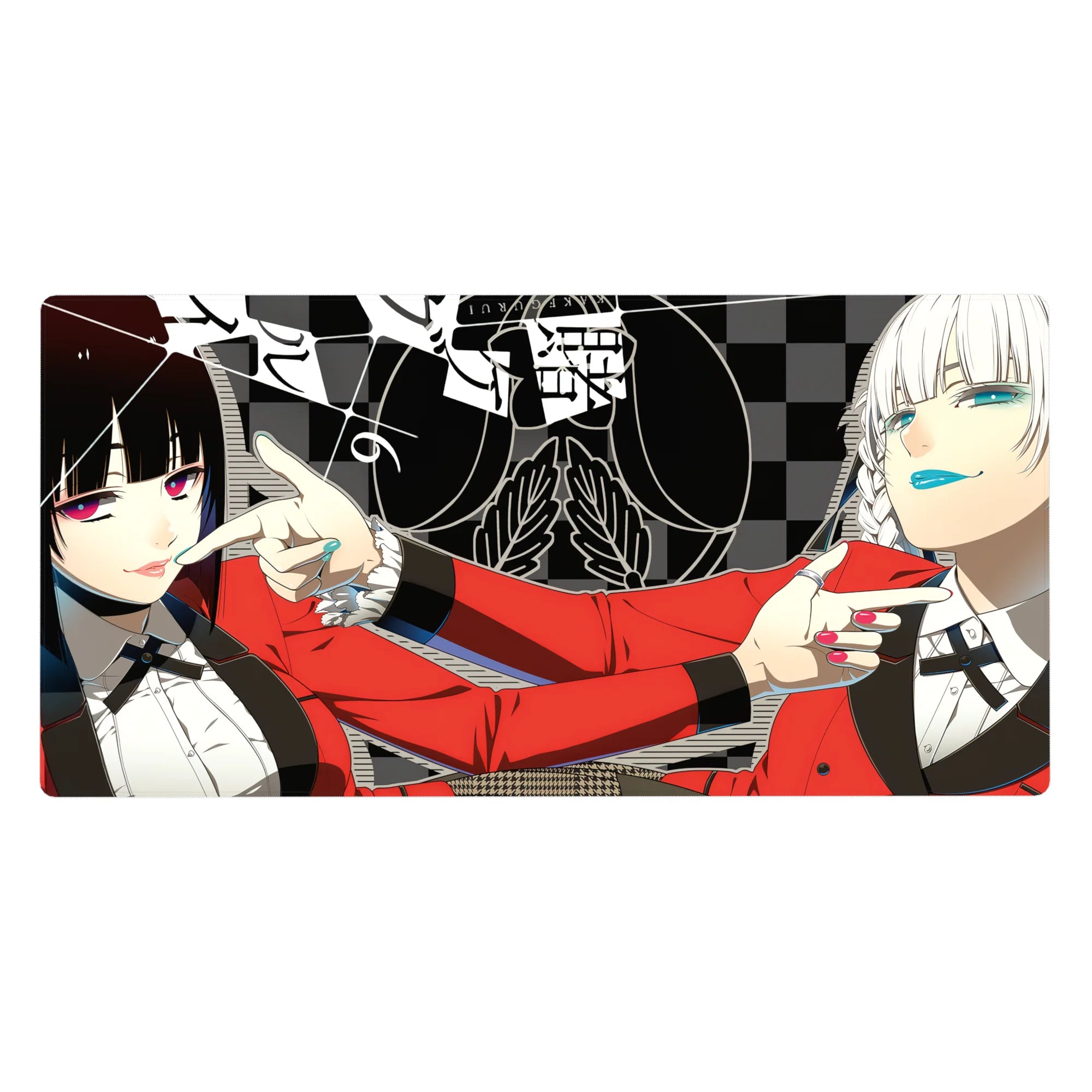 Anime girl desk pad 40x20 inches with two girls in red blazers, checkerboard background, poster line art.